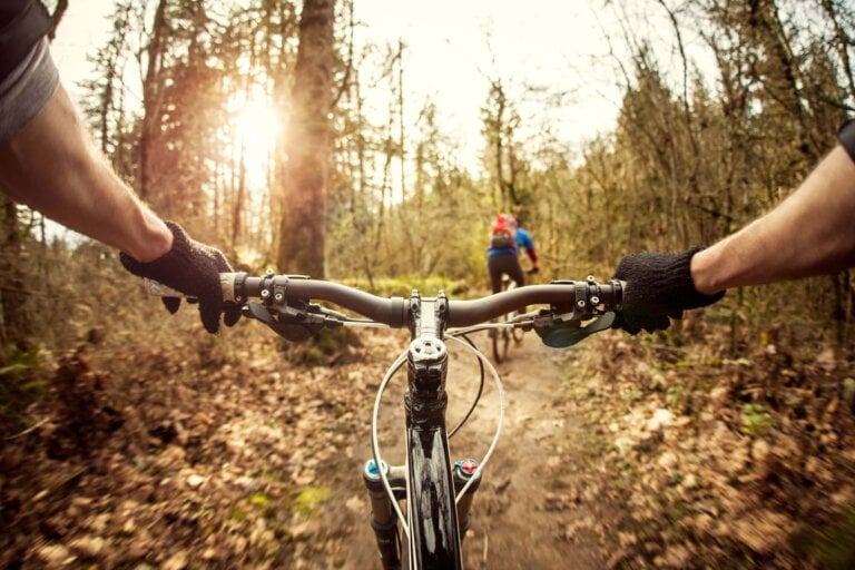 Slika pogleda mtb kolesarja, med vožnjo na na mtb progi.